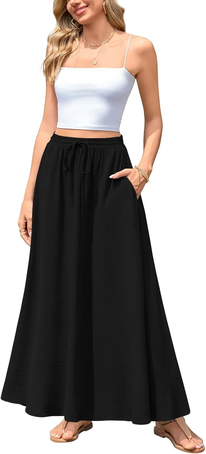 Aodemo Women's Flowy Maxi Skirt Summer Boho Pleated Elastic Waisted Casual Beach Long Skirts with Pockets