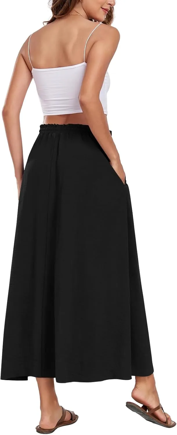 Aodemo Women's Flowy Maxi Skirt Summer Boho Pleated Elastic Waisted Casual Beach Long Skirts with Pockets