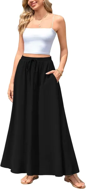 Aodemo Women's Flowy Maxi Skirt Summer Boho Pleated Elastic Waisted Casual Beach Long Skirts with Pockets