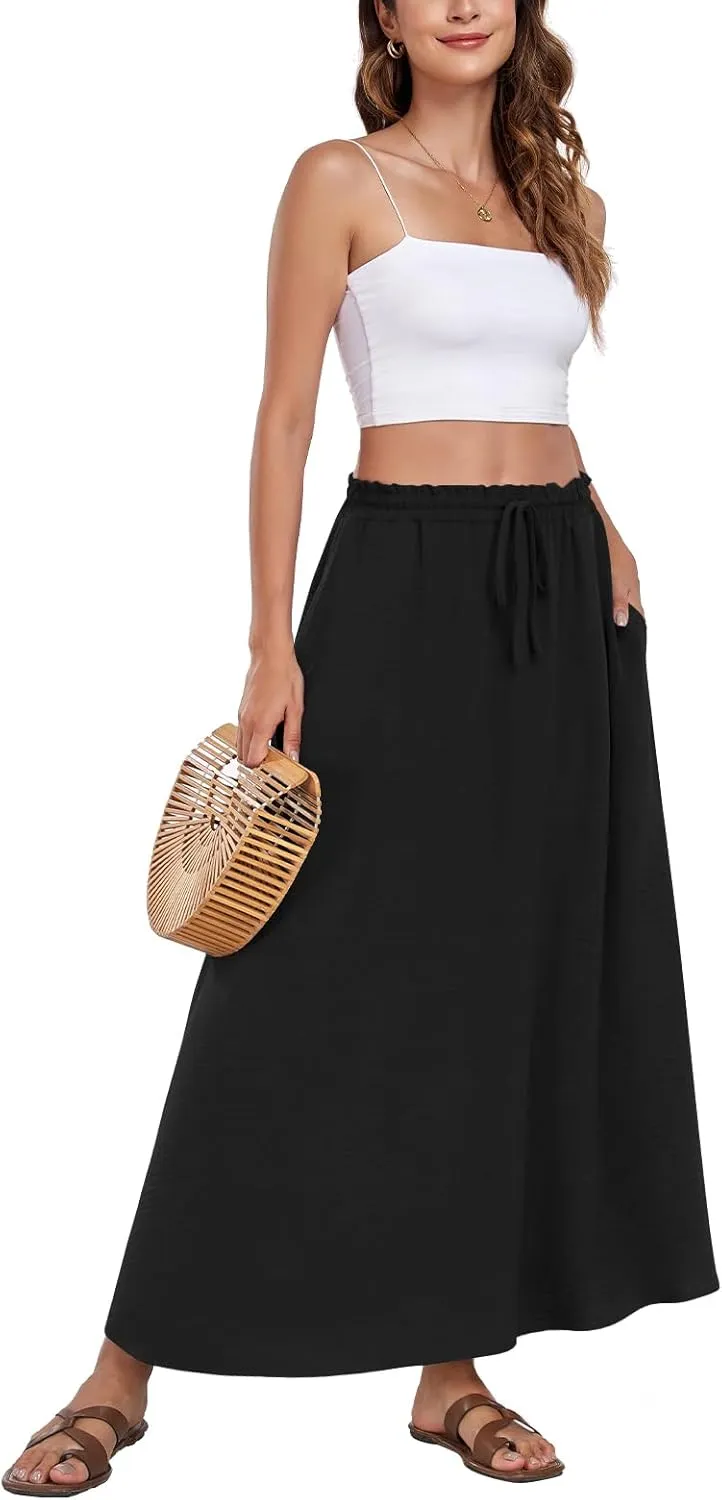Aodemo Women's Flowy Maxi Skirt Summer Boho Pleated Elastic Waisted Casual Beach Long Skirts with Pockets
