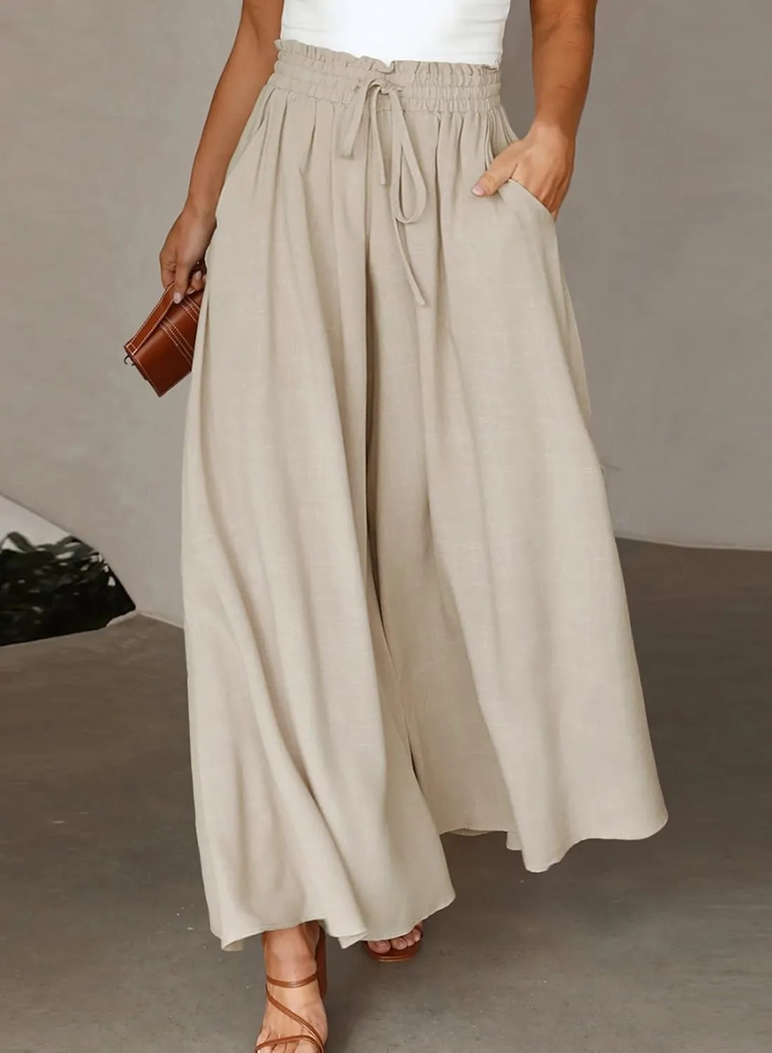 Eytino Womens Plus Size Wide Leg Pants Casual Elastic High Waist Flowy Pants Drawstring Palazzo Pants with Pockets(1X-5X)