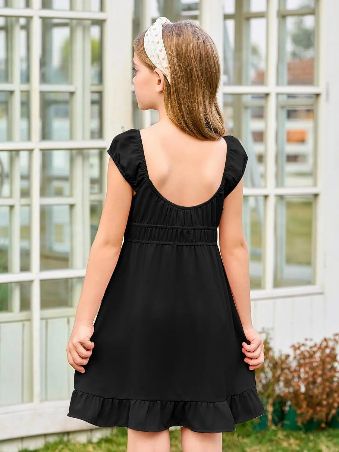 Haloumoning Girls Summer Dresses Kids Cap Sleeve Square Neck Elastic Waist A-Line Flowy Dress 7-14 Years