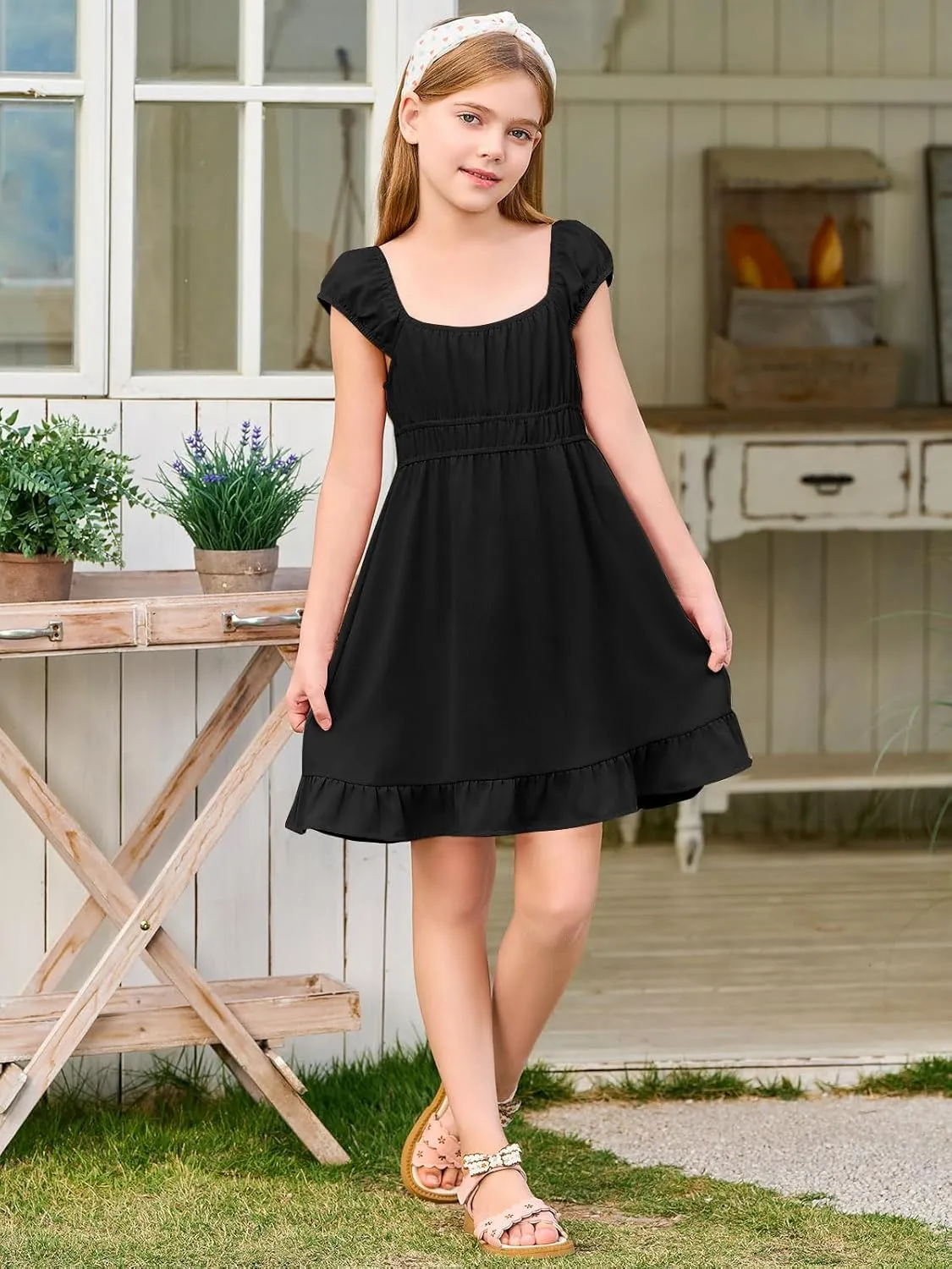 Haloumoning Girls Summer Dresses Kids Cap Sleeve Square Neck Elastic Waist A-Line Flowy Dress 7-14 Years