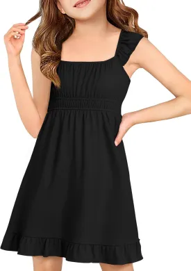 Haloumoning Girls Summer Dresses Kids Cap Sleeve Square Neck Elastic Waist A-Line Flowy Dress 7-14 Years