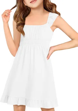 Haloumoning Girls Summer Dresses Kids Cap Sleeve Square Neck Elastic Waist A-Line Flowy Dress 7-14 Years