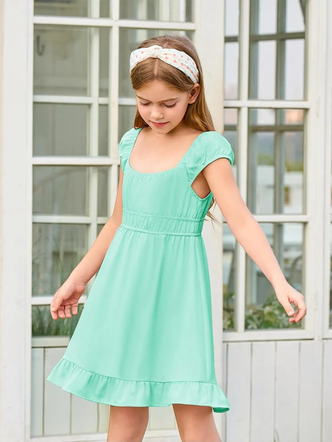 Haloumoning Girls Summer Dresses Kids Cap Sleeve Square Neck Elastic Waist A-Line Flowy Dress 7-14 Years
