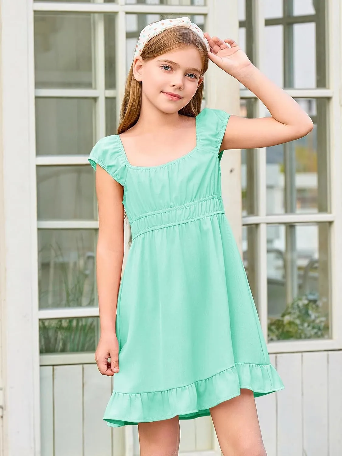 Haloumoning Girls Summer Dresses Kids Cap Sleeve Square Neck Elastic Waist A-Line Flowy Dress 7-14 Years