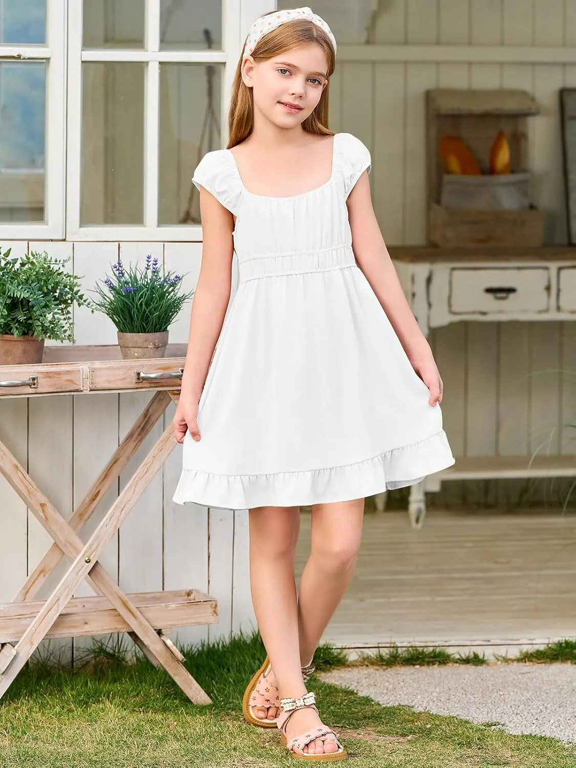 Haloumoning Girls Summer Dresses Kids Cap Sleeve Square Neck Elastic Waist A-Line Flowy Dress 7-14 Years