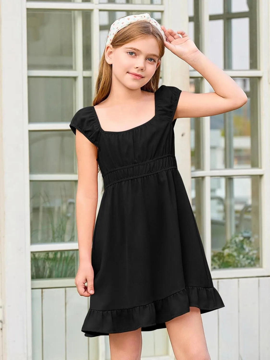 Haloumoning Girls Summer Dresses Kids Cap Sleeve Square Neck Elastic Waist A-Line Flowy Dress 7-14 Years