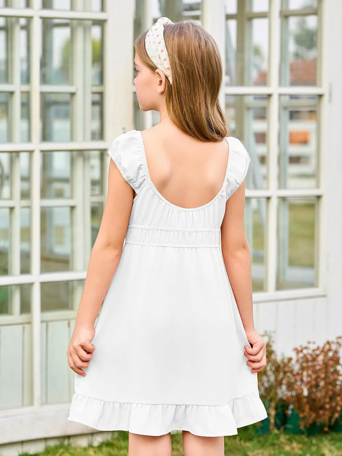 Haloumoning Girls Summer Dresses Kids Cap Sleeve Square Neck Elastic Waist A-Line Flowy Dress 7-14 Years