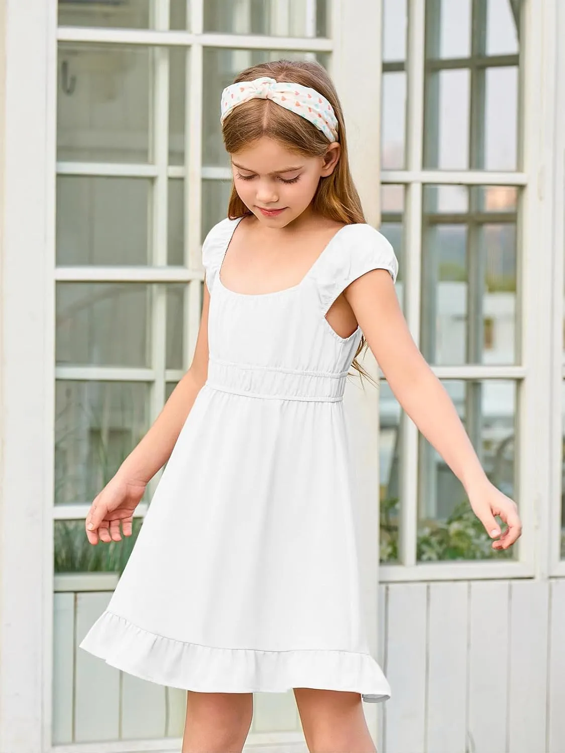 Haloumoning Girls Summer Dresses Kids Cap Sleeve Square Neck Elastic Waist A-Line Flowy Dress 7-14 Years