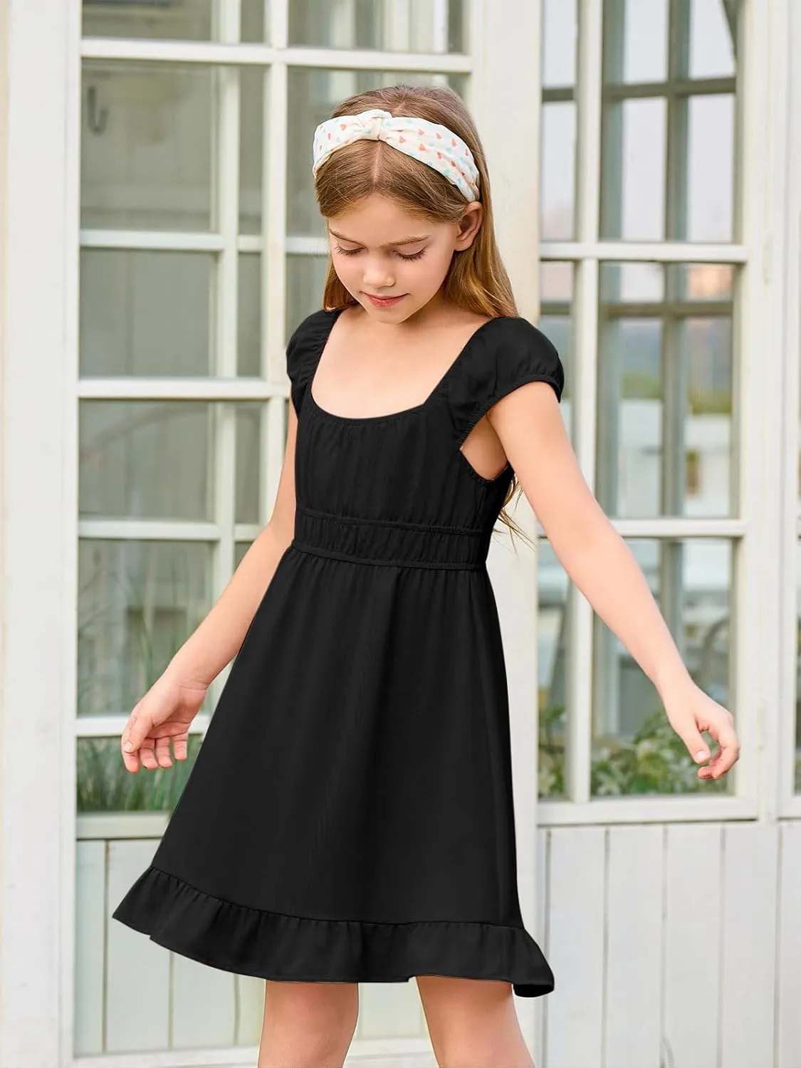 Haloumoning Girls Summer Dresses Kids Cap Sleeve Square Neck Elastic Waist A-Line Flowy Dress 7-14 Years