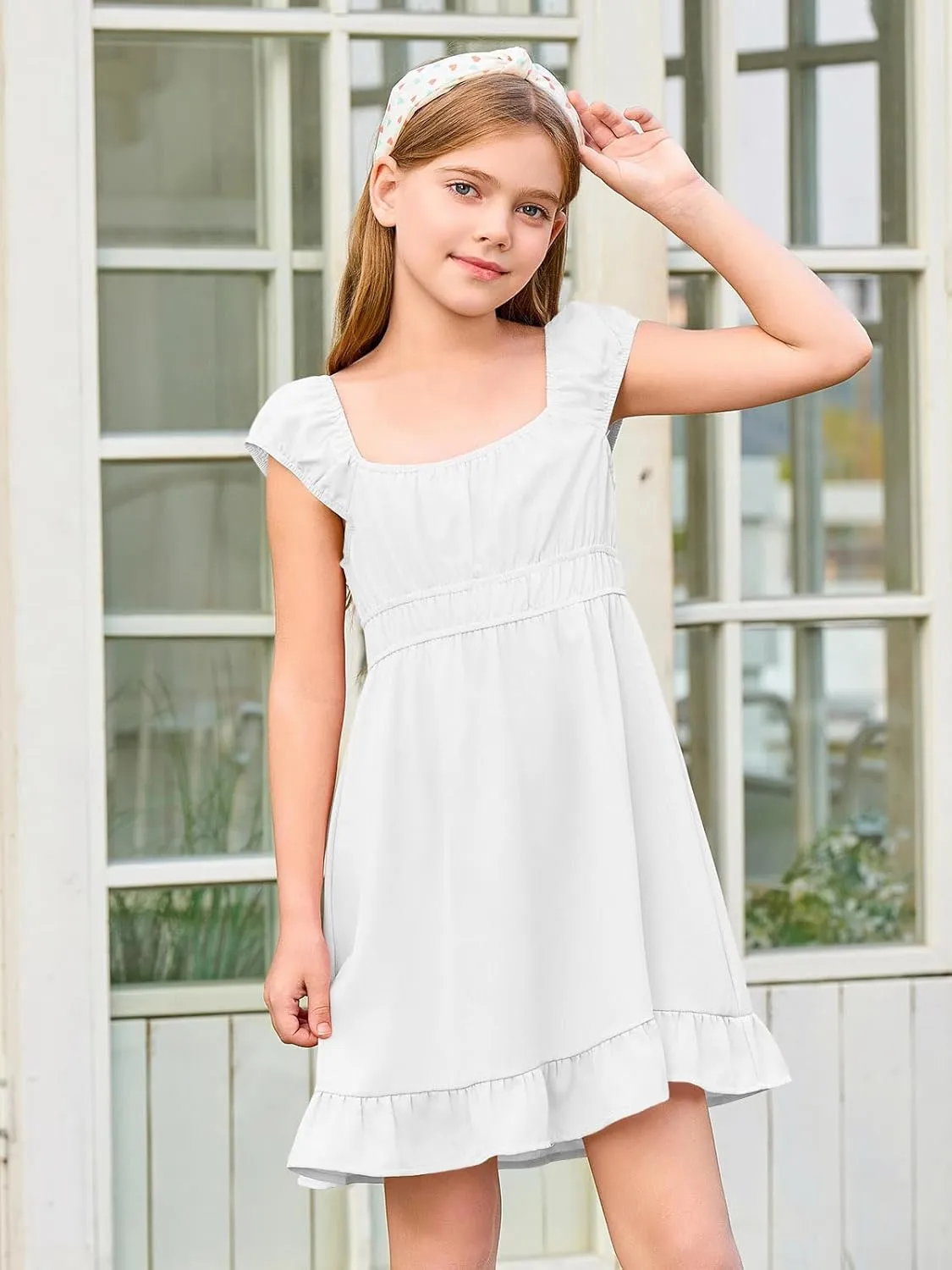 Haloumoning Girls Summer Dresses Kids Cap Sleeve Square Neck Elastic Waist A-Line Flowy Dress 7-14 Years