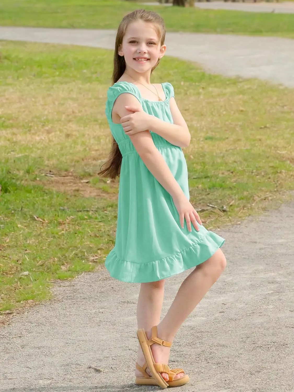 Haloumoning Girls Summer Dresses Kids Cap Sleeve Square Neck Elastic Waist A-Line Flowy Dress 7-14 Years