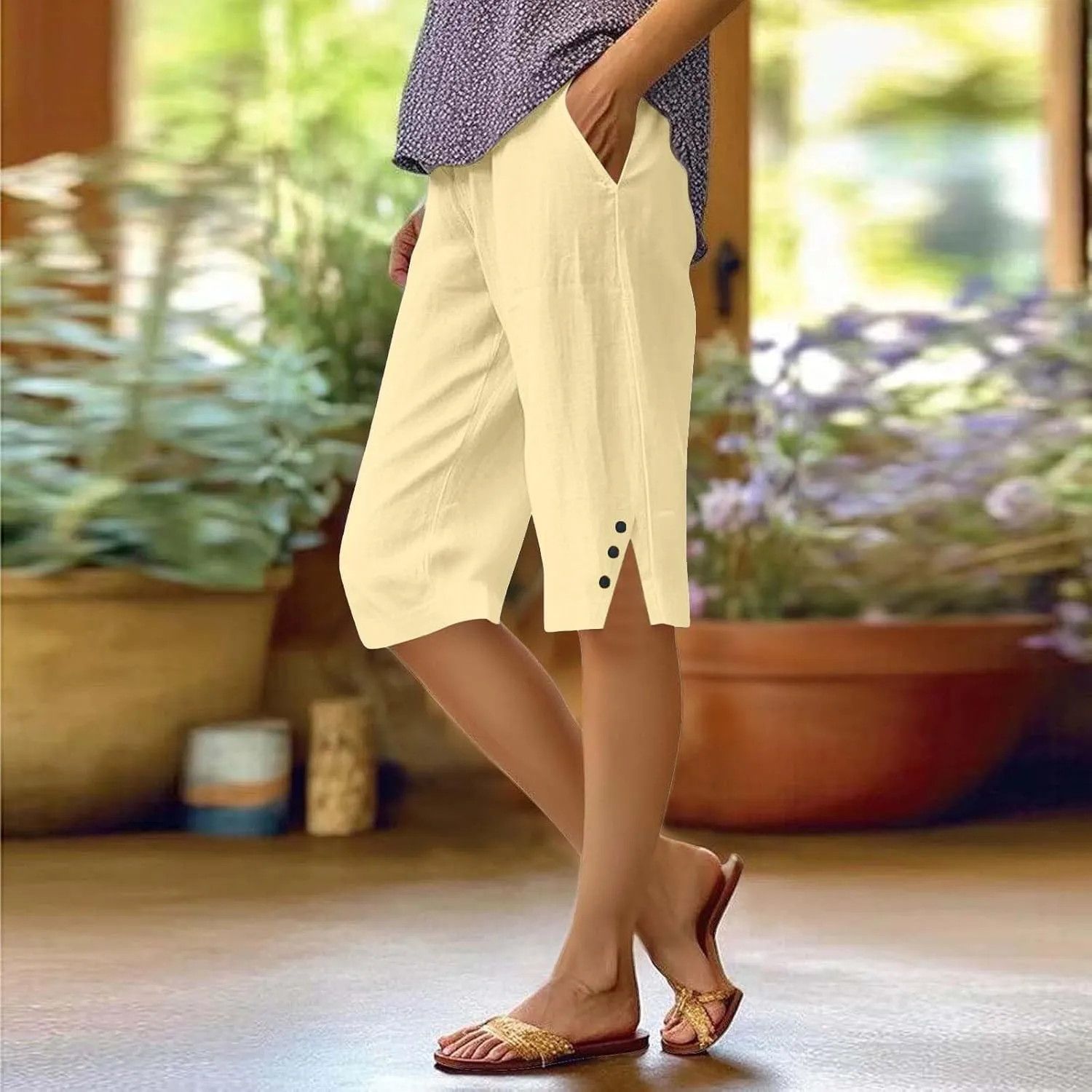 Linen Shorts for Women Knee Length Casual Summer Capri Pants Lightweight Beach Bermuda Shorts with Pockets
