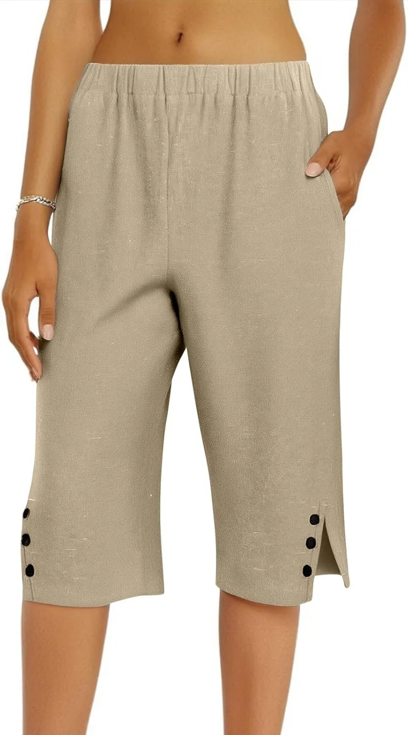 Linen Shorts for Women Knee Length Casual Summer Capri Pants Lightweight Beach Bermuda Shorts with Pockets