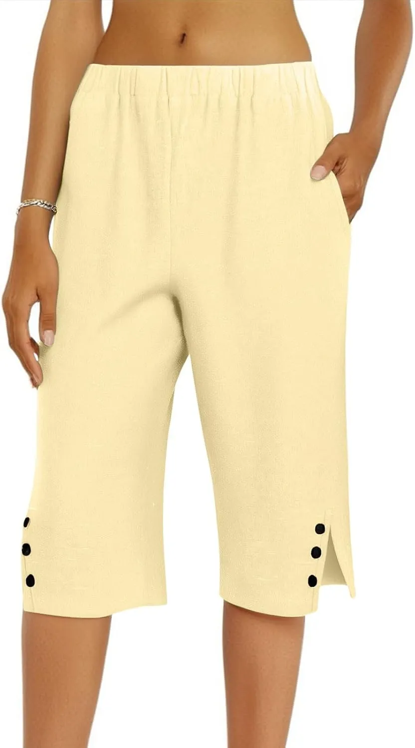Linen Shorts for Women Knee Length Casual Summer Capri Pants Lightweight Beach Bermuda Shorts with Pockets