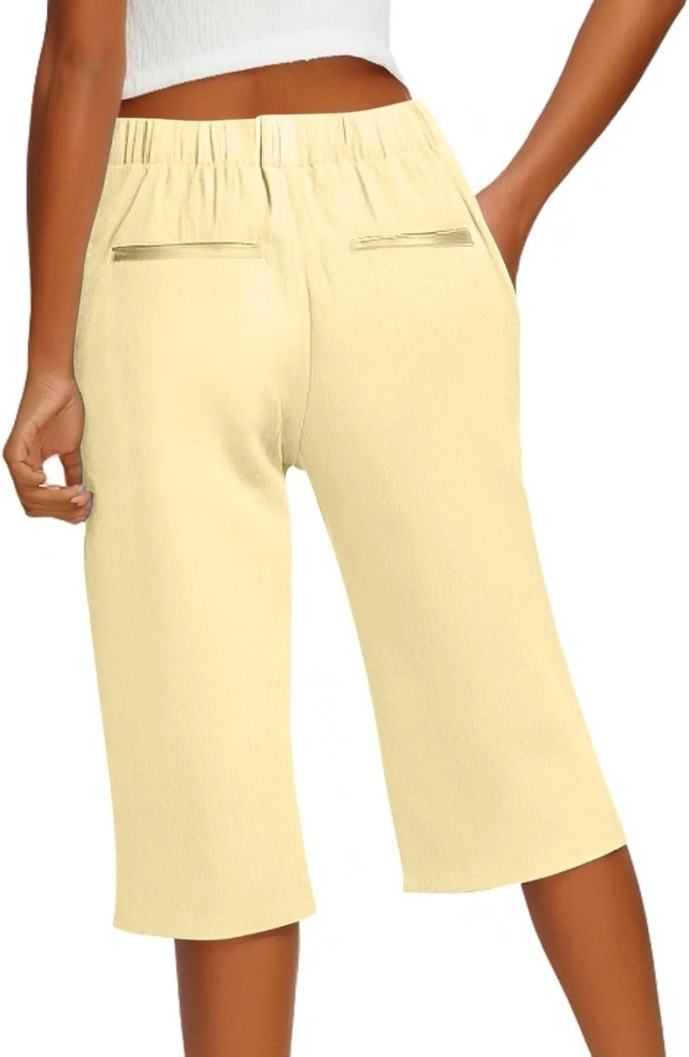 Linen Shorts for Women Knee Length Casual Summer Capri Pants Lightweight Beach Bermuda Shorts with Pockets