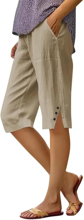 Linen Shorts for Women Knee Length Casual Summer Capri Pants Lightweight Beach Bermuda Shorts with Pockets