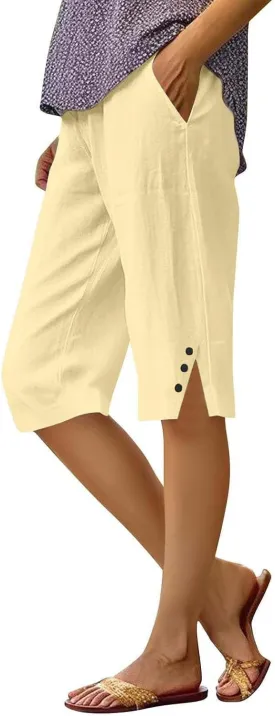 Linen Shorts for Women Knee Length Casual Summer Capri Pants Lightweight Beach Bermuda Shorts with Pockets