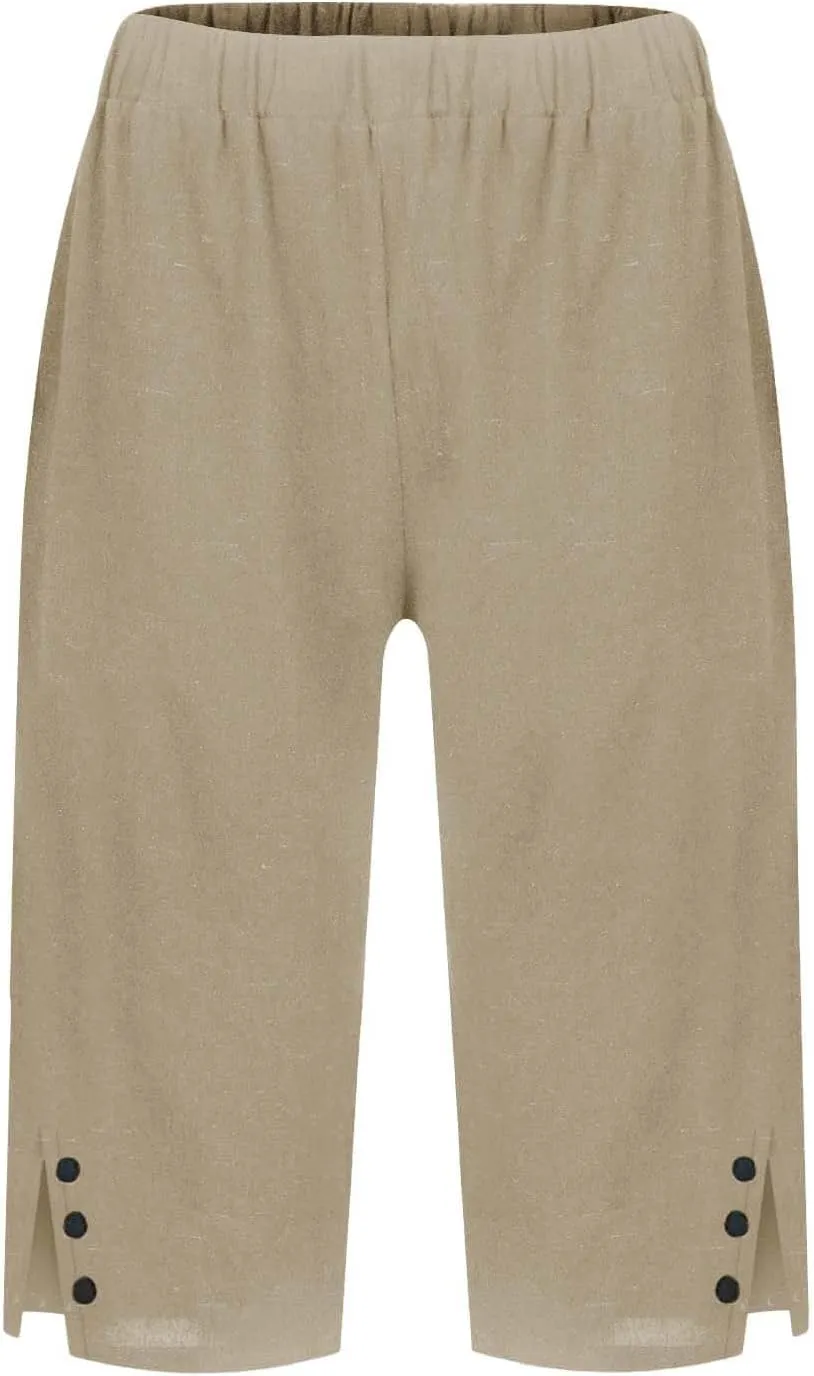 Linen Shorts for Women Knee Length Casual Summer Capri Pants Lightweight Beach Bermuda Shorts with Pockets