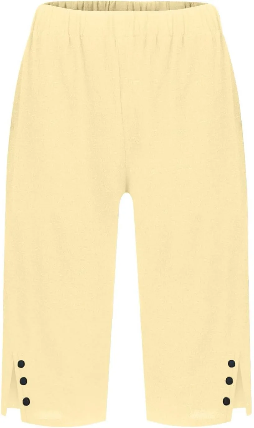 Linen Shorts for Women Knee Length Casual Summer Capri Pants Lightweight Beach Bermuda Shorts with Pockets