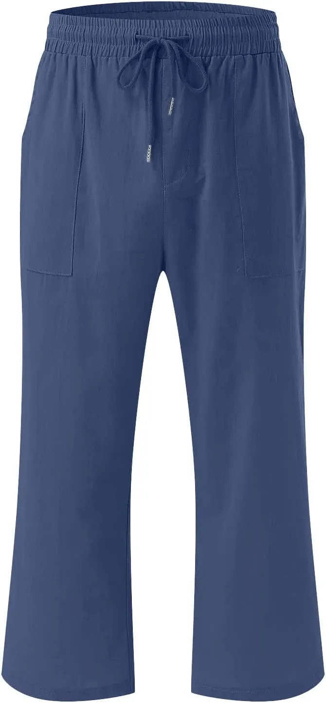 LRMQS Capris Pants for Women Cotton Linen Casual Summer 2025 Straight Wide Leg Loose Drawstring Elastic Waist Cropped Trouser