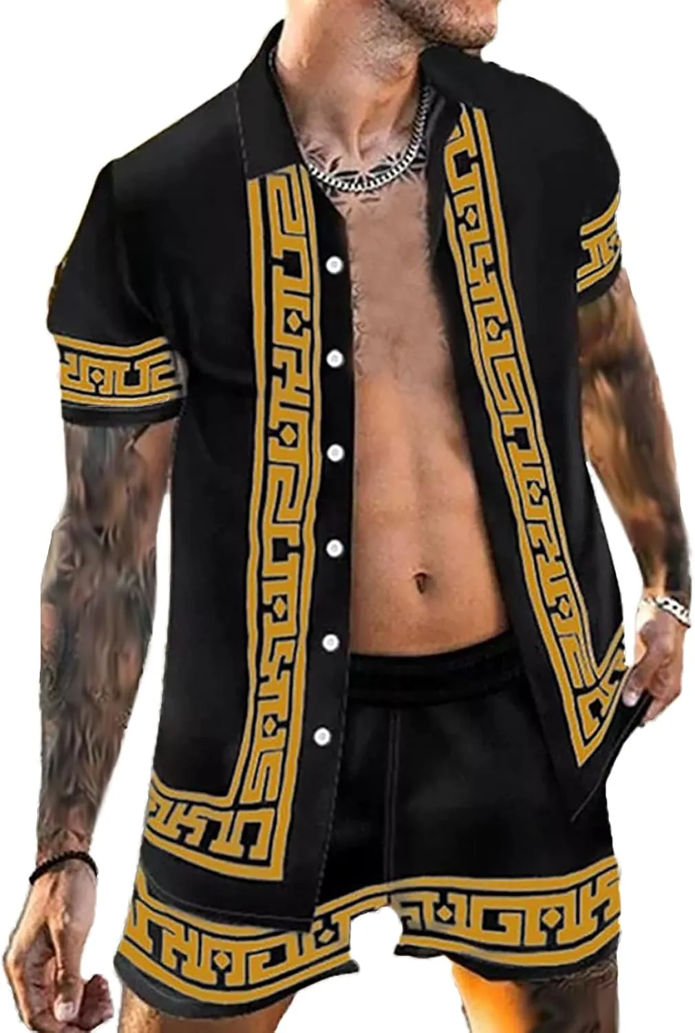 Men's Hawaiian Sets Short Sleeve Luxury Print Casual Button Down Dress Shirt Top and Shorts