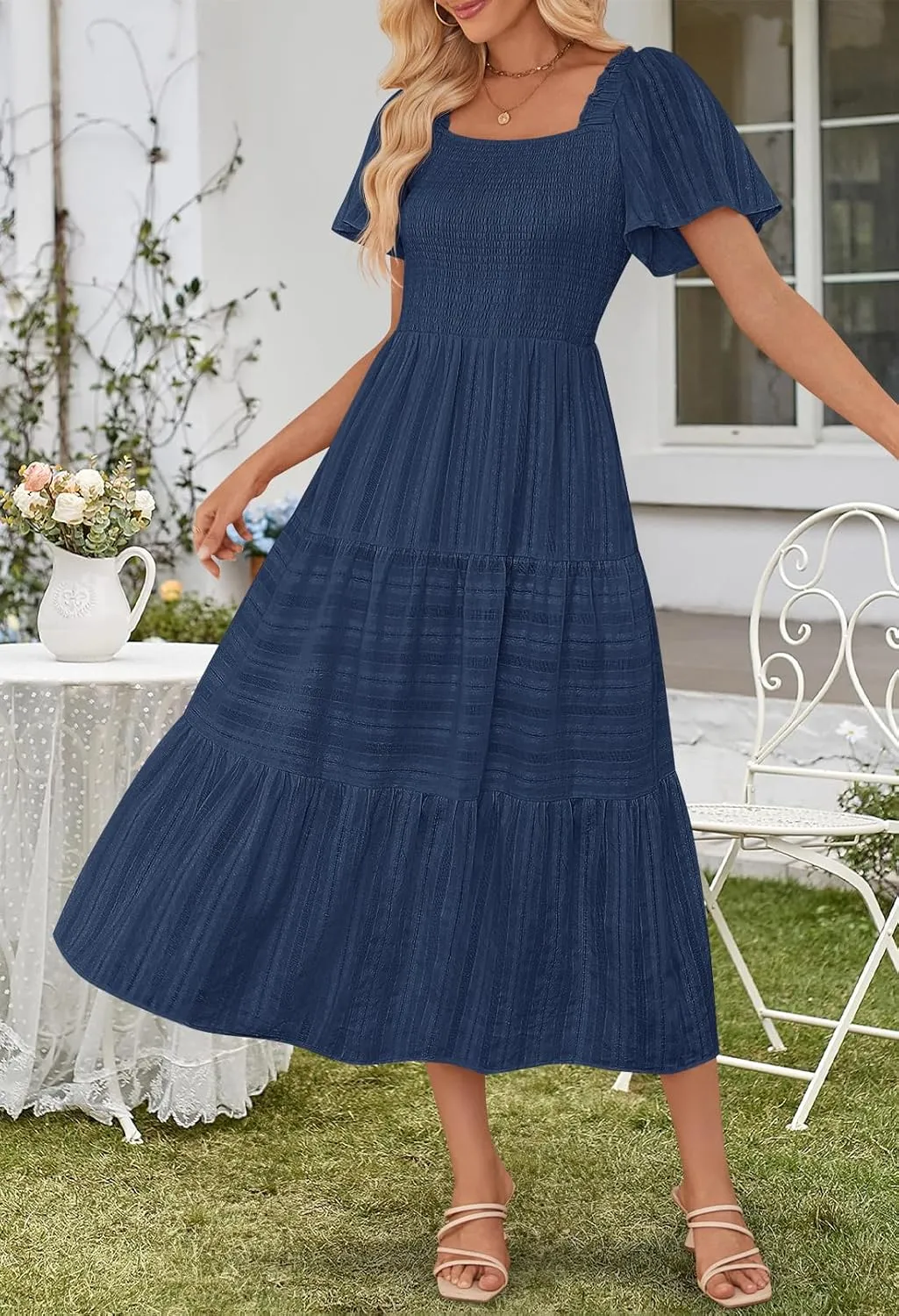MEROKEETY Women's 2025 Summer Flowy Midi Maxi Dress Short Sleeve Square Neck Smocked Tiered Ruffle Boho Dresses with Pockets