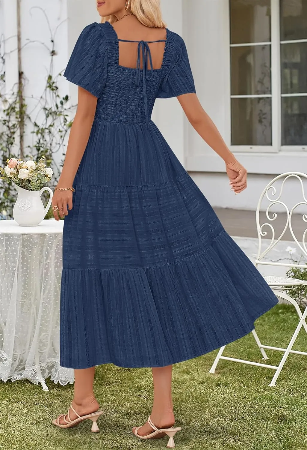 MEROKEETY Women's 2025 Summer Flowy Midi Maxi Dress Short Sleeve Square Neck Smocked Tiered Ruffle Boho Dresses with Pockets
