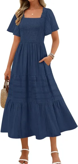 MEROKEETY Women's 2025 Summer Flowy Midi Maxi Dress Short Sleeve Square Neck Smocked Tiered Ruffle Boho Dresses with Pockets