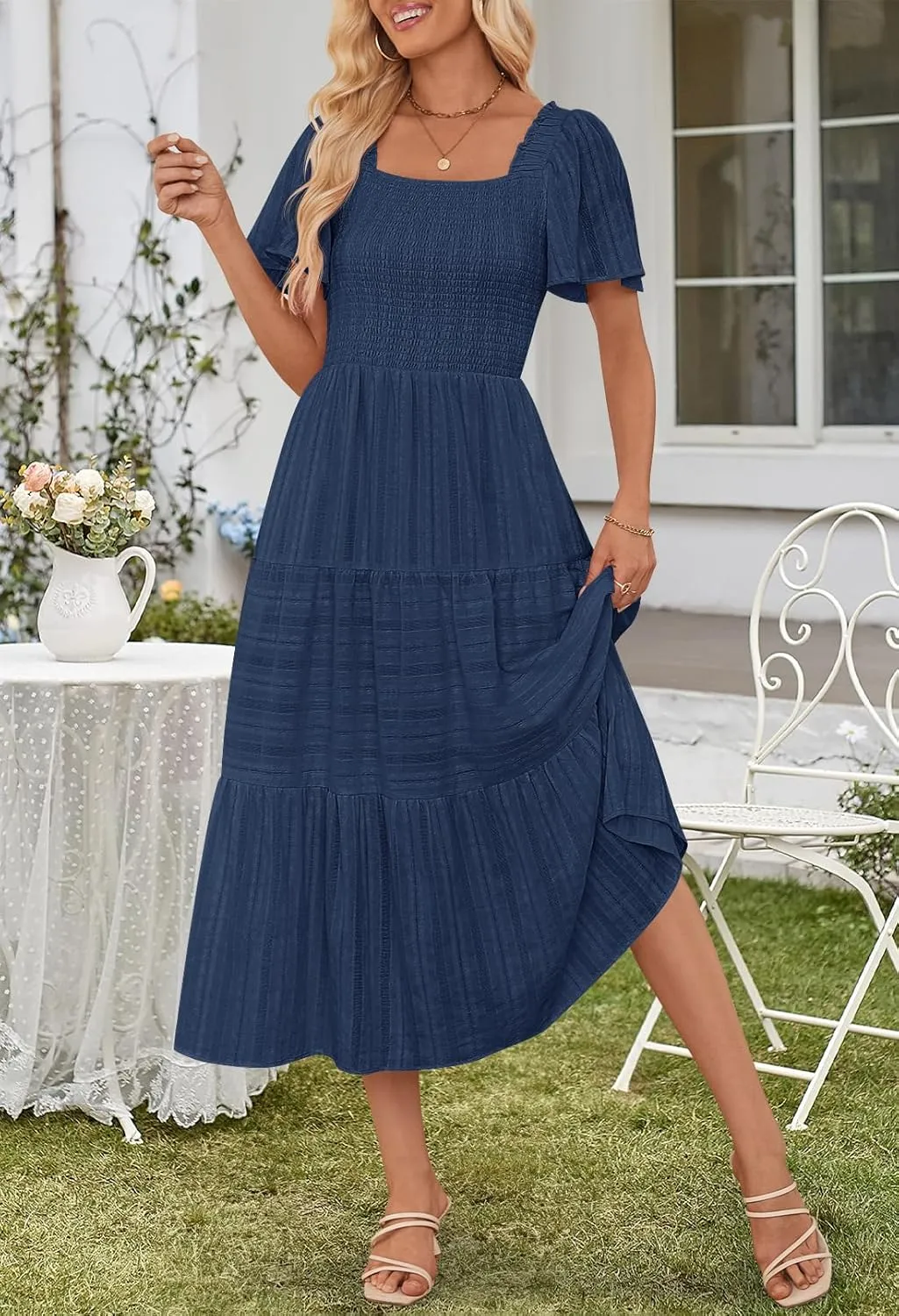 MEROKEETY Women's 2025 Summer Flowy Midi Maxi Dress Short Sleeve Square Neck Smocked Tiered Ruffle Boho Dresses with Pockets