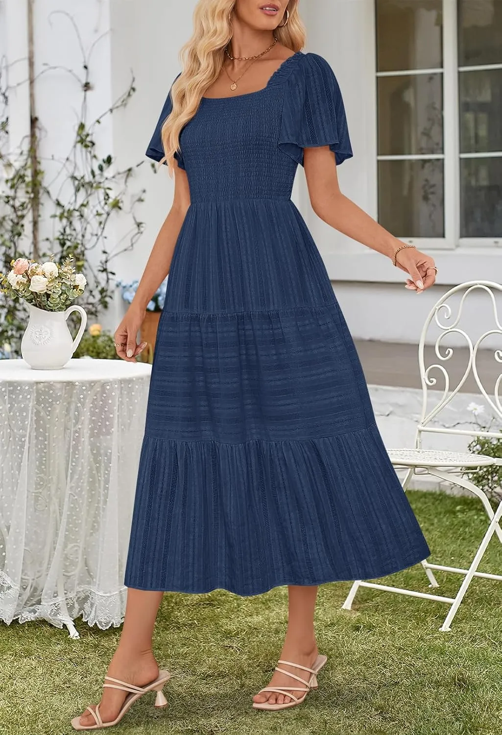 MEROKEETY Women's 2025 Summer Flowy Midi Maxi Dress Short Sleeve Square Neck Smocked Tiered Ruffle Boho Dresses with Pockets