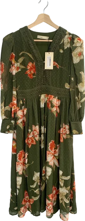 Oasis Khaki Floral Printed Ossby Chiffon Midi Dress UK 10
