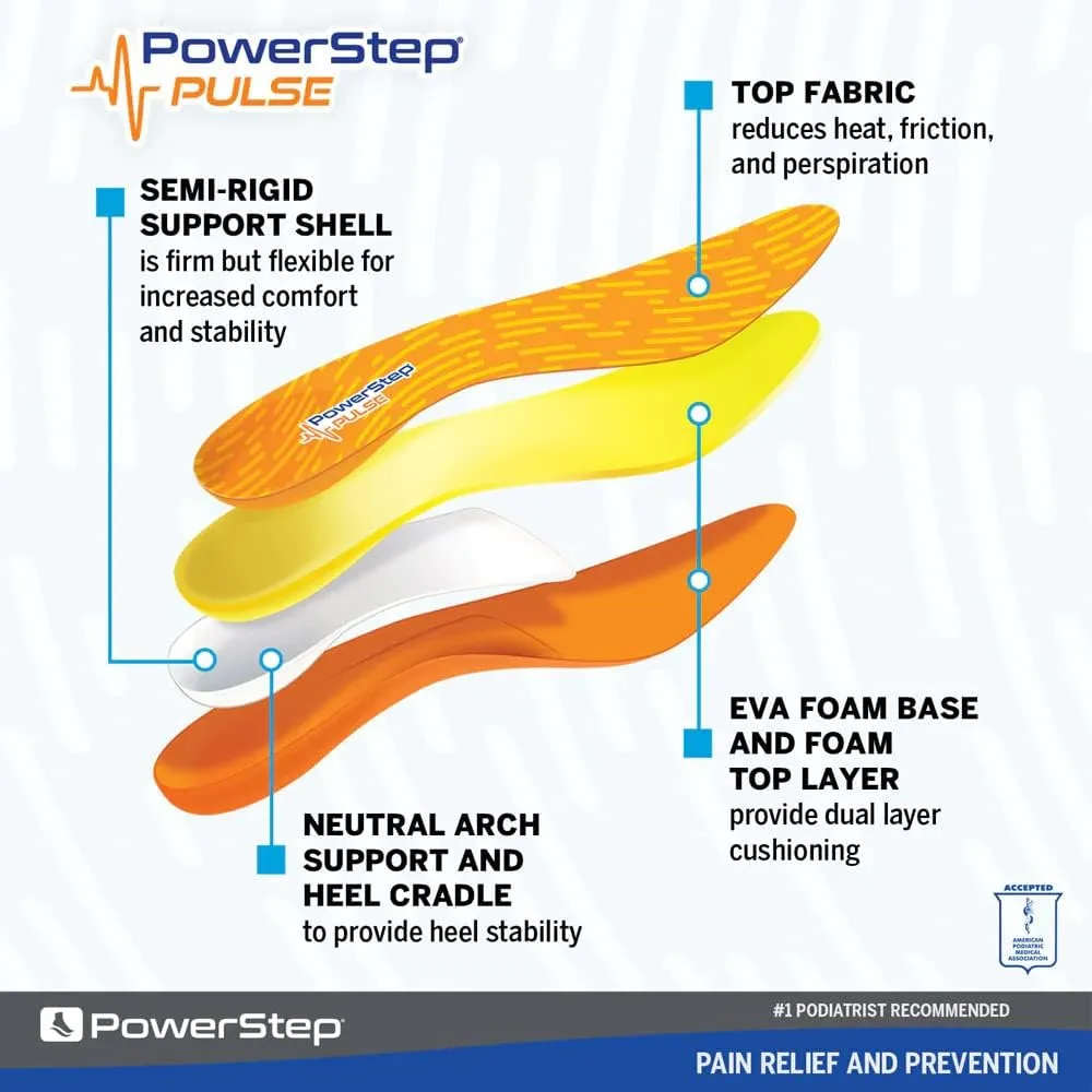 PowerStep Insoles, Pulse Performance, Running Shoe Pain Relief Insert, Athletic Arch Support Orthotic for Women and Men - Made in The USA (M 7-7.5, F 9-9.5)