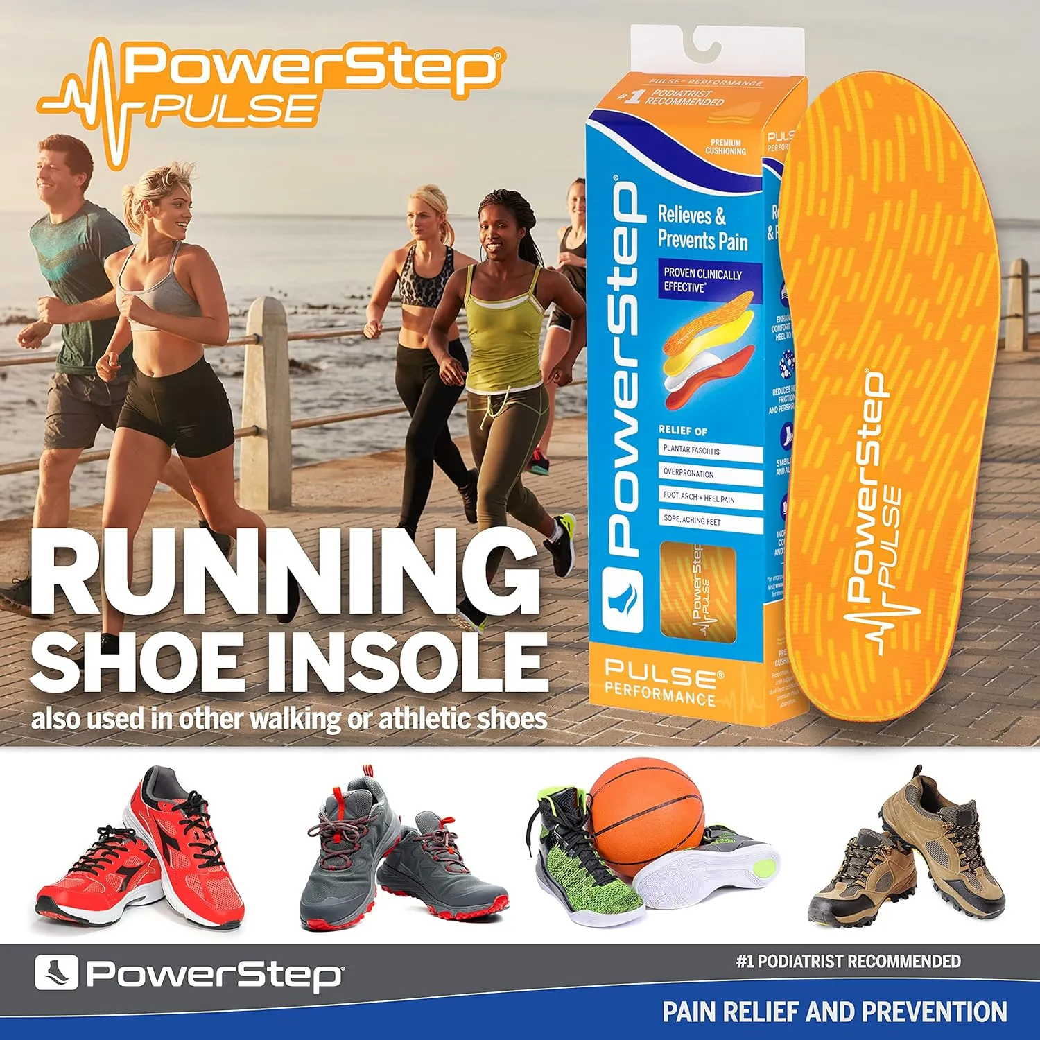 PowerStep Insoles, Pulse Performance, Running Shoe Pain Relief Insert, Athletic Arch Support Orthotic for Women and Men - Made in The USA (M 7-7.5, F 9-9.5)