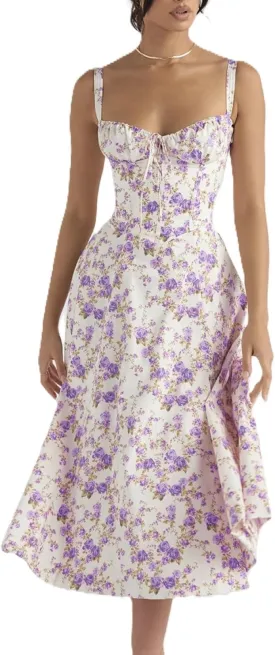 Women's Corset Dresses Floral Print Boho Flowy Slit Dress Midi Beach Casual Sundress Vacation Outfits