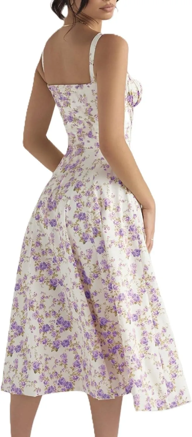 Women's Corset Dresses Floral Print Boho Flowy Slit Dress Midi Beach Casual Sundress Vacation Outfits