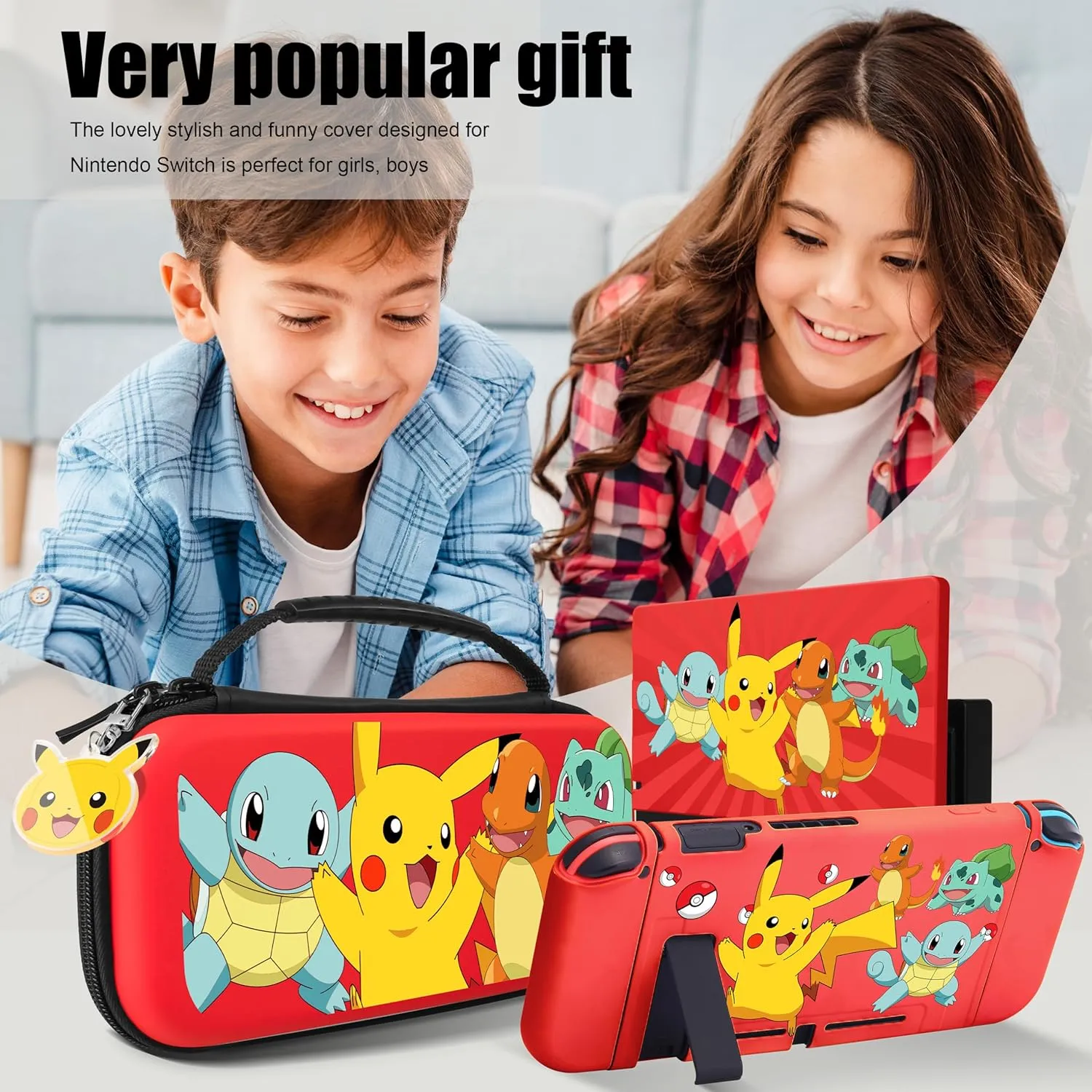 Xcitifun Carrying Case Compatible with Nintendo Switch, Protector Joy-Con Case & Dock Cover & Travel Bag Case & Keychain 7 in 1 Accessories Kit Set Switch Carry Cases for Boys Girls Kids - Red Poke